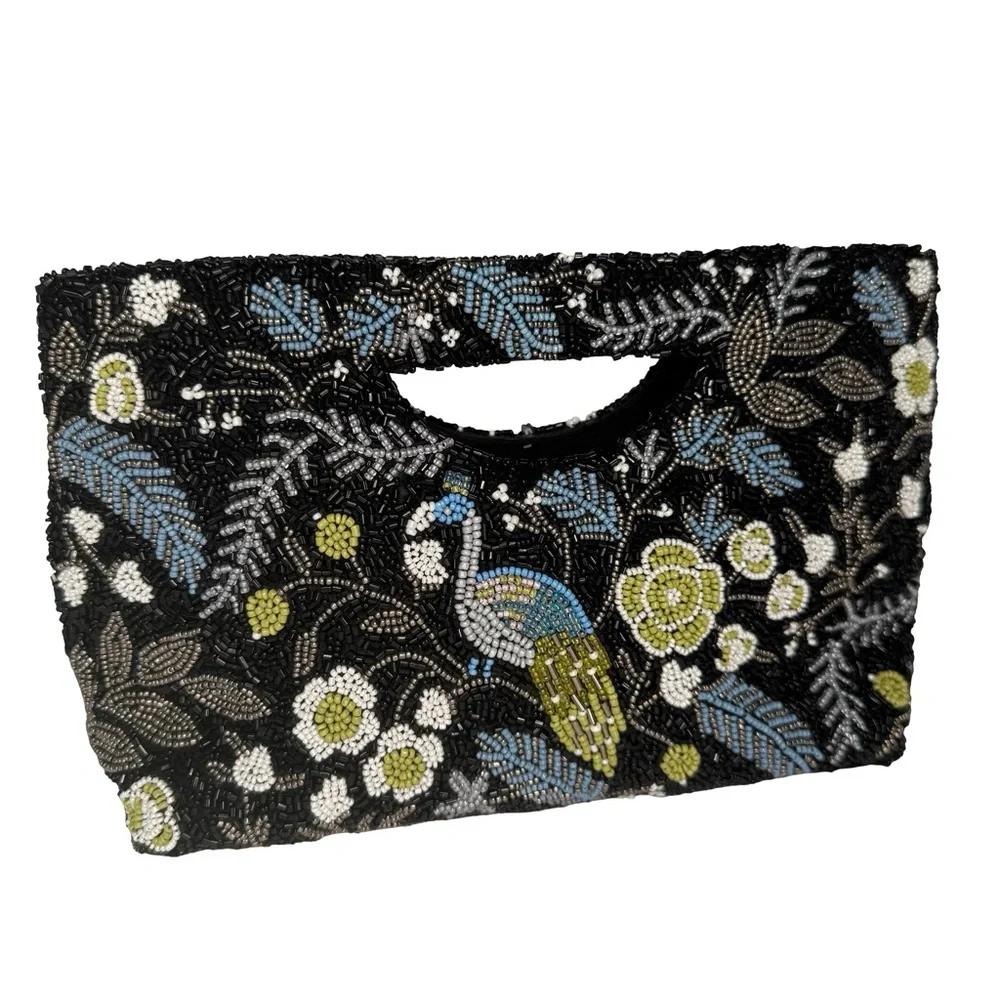 TIANA NEW YORK Beaded Clutch Bag Black with Colorful Bird and Floral Design - Picture 1 of 12